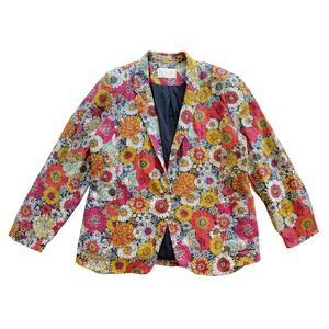 Foil Floral Linen Blazer Womens 10 Multicolor Excellent Single Button Jacket